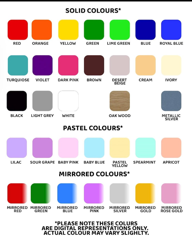 May include: A chart showing a variety of solid, pastel, and mirrored colors. The colors are arranged in rows and columns, with each color labeled with its name. The chart includes colors such as red, orange, yellow, green, blue, purple, pink, brown, black, white, gray, and silver.