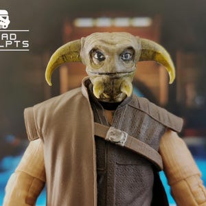 May include: A detailed action figure of a Star Wars character with a tan complexion, yellow horns, and a textured face. The figure wears a brown vest and a tan tunic. The words "HEAD SCULPTS" are printed above the figure.