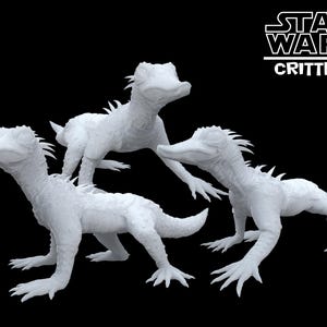 Könnte beinhalten: Drei weiße, 3D-gedruckte, eidechsenartige Kreaturen mit stacheligen Rücken und langen Schnauzen. Die Kreaturen sind in verschiedenen Positionen platziert. Das Bild ist mit "Star Wars Critters" beschriftet.