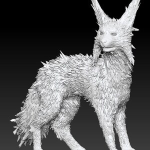 May include: A white, furry, mythical creature with large ears and a long tail. The creature is standing on all fours and has a slightly surprised expression on its face.