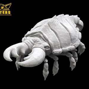 May include: A white 3D printed model of a large, segmented, arthropod-like creature with a pair of large claws. The creature has a segmented body and multiple legs.
