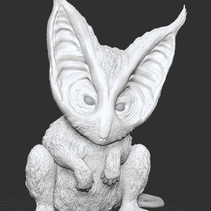 May include: A white, furry, 3D printed model of a creature with large, pointed ears and a small, pointed nose. The creature is sitting on its haunches with its paws tucked in front of it.