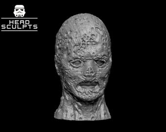 Puede incluir: Una escultura de cabeza humanoide gris y texturizada que presenta una superficie irregular y llena de cráteres en el cráneo y la cara, con ojos hundidos y una boca definida. La esquina superior izquierda muestra un icono de stormtrooper y el texto HEAD SCULPTS.