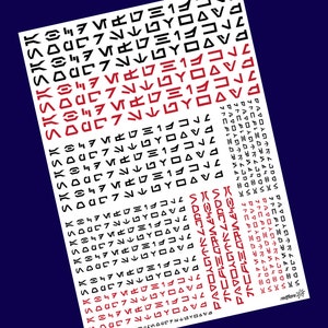 Może przedstawiać: Biała kartka papieru z powtarzającym się wzorem czarnych i czerwonych symboli. Symbole są ułożone w rzędach i kolumnach. Symbole są podobne do alfabetu Aurebesh używanego w uniwersum Gwiezdnych Wojen.
