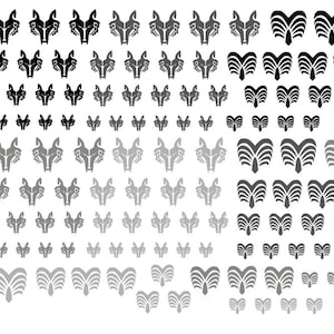Könnte beinhalten: Ein digitales Muster mit einem sich wiederholenden Design aus stilisierten Wolfsköpfen und stilisierten Blumenformen in verschiedenen Grautönen.