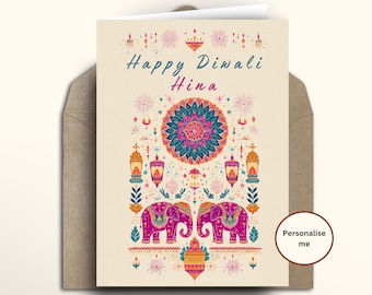 Personalised Diwali Card, Happy Diwali Greeting Card, Deepavali Card, Diwali Elephant Card, Festival of Lights, Diwali Gifts, Indian Mandala