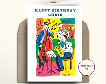 Personalised Jazz Trio Birthday Card, upright bass, Trumpet players, band members, concert, 30th 40th 50th 60th 70th 80th