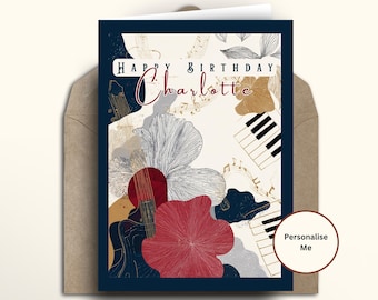 Piano Guitar Birthday Card, Personalised Musical Card, Custom Name Congratulations Card, Music Lover Gift for Him or Her