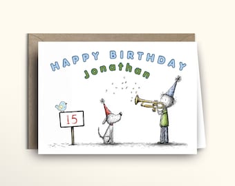 Personalised Dog Birthday Card, Custom Name and Age, Funny Birthday Card for Him or Her, Dog Lover Card, Whimsical Pup Card, Trumpet card