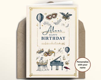 Personalised Piano Birthday Card, Musical Theatre Card for Musician, Pianist Organist Gift, Custom Name Music Notes Card, 30th 40th 50th 60