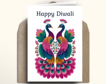 4 Designs of Diwali Peacock Cards, Happy Diwali Greeting Card, Peacock Diwali Gifts, Diwali Decor Religious Card, Festival of Lights Card