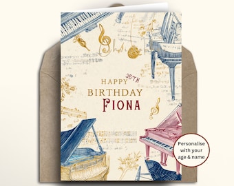 Personalised Piano Birthday Card, musician classical pianist piano, singers, band members, concert, orchestra, 30th 40th 50th 60th 70th 80th