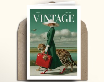 Vintage Fashion Any Occasion Card, Leopard Print Greeting Card, Retro 1950s Magazine Cover Art, Chic Animal Print Card for Her