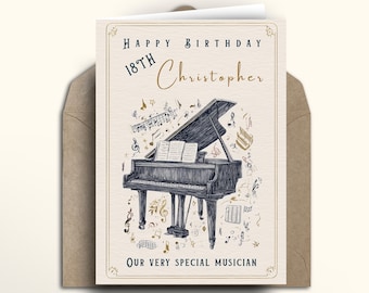 Elegant Personalised Piano Birthday Card | musician classical pianist piano theme | milestone 18th 21st 30th 40th 50th 60th 70th 80th 90