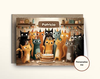 Funny Cat Birthday Card, Personalised Black Cat Birthday Card, Cute Cat Card for Cat Lovers, Custom Name and Age