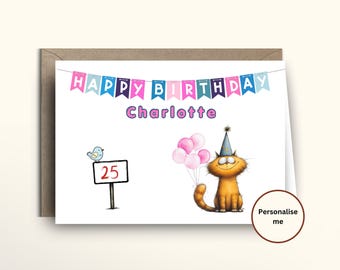 Personalised Ginger Cat Birthday Card, Custom Name and Age, Cat Lover Gift, Birthday Card for Her, Cute Cat Illustrated Card