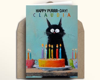 Black Cat Birthday Card, Happy Purrr-Day Personalised Cat Card, Custom Name Cat Lover Gift