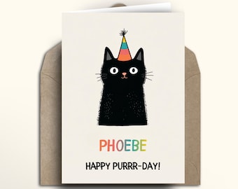Funny Black Cat Birthday Card, Happy Purrr-Day Cute Cat Card, Funny Cat Lover Birthday Card, Black Cat Party Hat Greeting Card