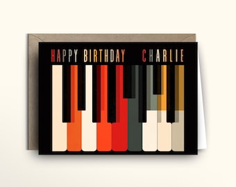 Personalised Piano birthday Card, Mid Century Modern , Retro Jazz Music Birthday Greeting, Saul Bass Style Art, Musician Gift, personalized