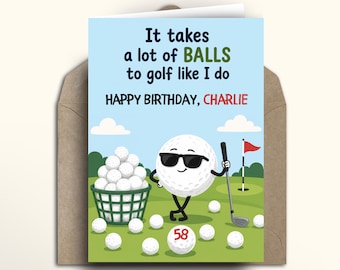 Funny Golf Birthday Card, Personalised Golf Card for Him, Golf Ball Birthday Card for Dad Husband, Cartoon Golfer Greeting Card