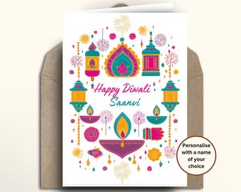 Diwali Card, Happy Diwali Greeting Cards, Personalised Diwali Cards with Name, Colourful Diyas Lanterns Fireworks Religious Card Deepvali