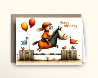 Pony Club Equestrian Horse Jumping Card | Personalised Cartoon Birthday Anniversary | Kids Card | Thank You Congratulations | Horse Lover