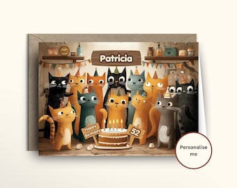 Personalised Cat Birthday Card, Custom Name and Age, Cute Cats Party Birthday Card, Cat Lover Gift for Her, for Him, for Friend, Ginger Cat