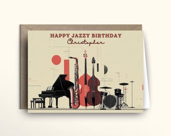 Personalised Jazz Trio Instrument Card, upright bass, Saxophone, piano, drums, band card, 30th 40th 50th 60th 70th 80th, any occasion cards