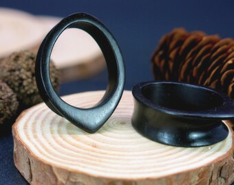 Handmade Black Wood Teardrop Drip Ear Tunnels with Geometric Pattern for Gauged Earlobes