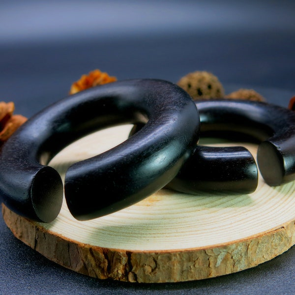 Minimalistic, handmade wood Hoop Ear Plugs. Luxury Hoop Ear Weight Gauges for Ear Stretching. Customizable Organic Hoop Gauges.