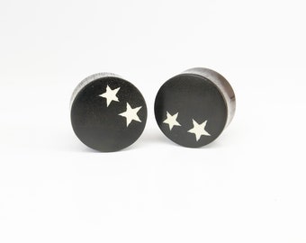 Dark Raintree Wood Vintage Two White Stars Reversible Graphic Plugs I Logo Saddle Plugs I Wood Double Flare Plugs I Picture Plug Gauges