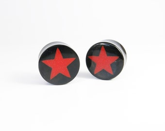 Buffalo Horn Vintage &quot;Red Star&quot; Graphic Plugs I Logo Ear Plugs I I Organic Plug Gauges I Picture Ear Plugs I Logo Earring Plugs
