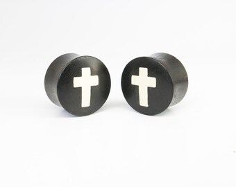 Dark Raintree Wood Vintage Cross Reversible Graphic Plugs I Logo Saddle Plugs I Wood Double Flare Plugs I Picture Plug Gauges I Picture Plug