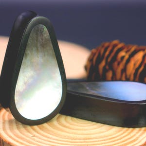 Dark Raintree Wood Teardrop Gauged Plugs with Black Shell Inlay