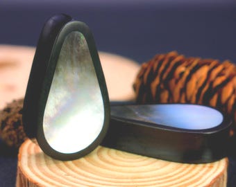 Dark Raintree Wood Teardrop Gauged Plugs with Black Shell Inlay