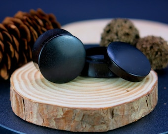 Natural Black Wood Stash Ear Plugs, Handmade Lid Double Flare Plugs
