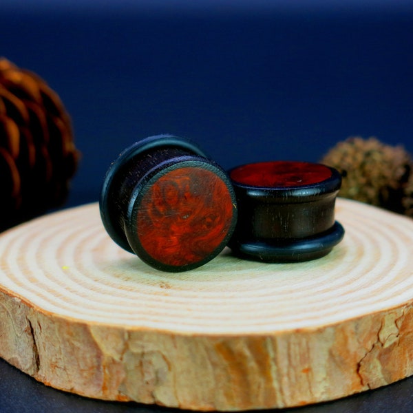 Dark Raintree Top Hat Plugs with Burl Walnut Inlay I Inlaid Wood Plugs I Single Flare Plugs I Ear Stretcher O rings From 2G(6.5mm) to 3"