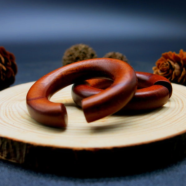 Custom Red Mahogany Wood Medium Ear Hoop Hangers for Stretched Earlobes. Wooden Gauged Hoop Earrings for Ear Stretching.