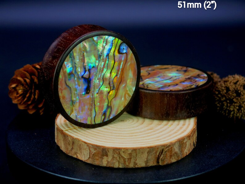 Black Wood Ear Plugs: Rainbow Abalone Shell Inlay - Etsy