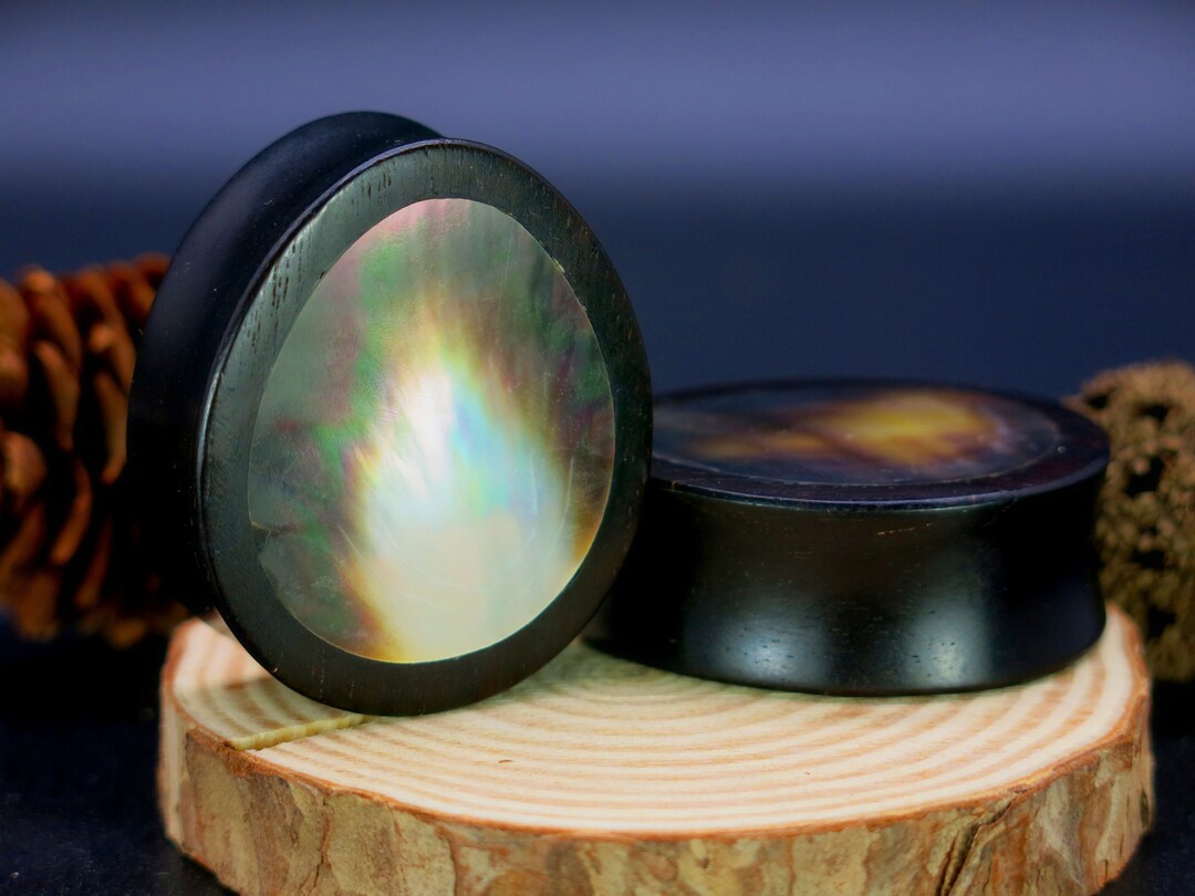 Oval Teardrop Ear Plugs: Black Pearl Shell Inlay, Wooden Gauges - Etsy