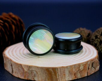 Custom Black Wood Top Hat Plugs with Mother of Pearl Shell Inlay. Luxury Pearl Shell Wood Plug Earrings for Earlobe.