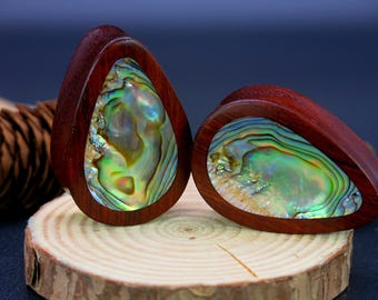 Dilatatori Per Le Orecchie A Goccia Con Intarsi In Abalone: Orecchini Calibrati In Legno Bianco Biologico - Italia - Foto 7
