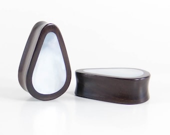 Teardrop Wood Plugs: Mother of Pearl Inlay, Dark Raintree