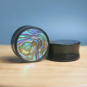 Handmade Black Wooden Plug Earrings with Blue Abalone. Custom Obsidian Wood Gauged Ear Plugs with Shell Inlay for Stretched Earlobes