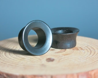 Pair of Custom Wood Mayan Flare Tunnel Ear Plugs. Wooden Mayan Flare Tunnel Earrings for Ear Stretching.