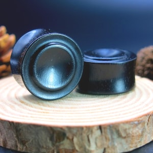 Handmade Dark Raintree Wood Round Ear Plugs with unique carving. Custom Made Black Wood Gauged Earrings for Stretching with artistic design