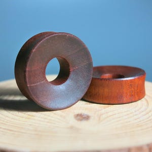 Pair of Red Mahogany Wood Thick Wall Tunnel Eyelets for Gauged Earlobes. Handmade Wood Plug Earrings for Pierced Earlobes