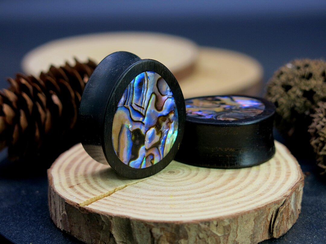 A Pair of Stunning Black Wood Oval Teardrop Ear Plugs With Abalone ...
