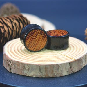 Handmade Black Wood Double Flare Plug Earrings with Coconut Palm Wood Inlay. Custom Dark Raintree Gauged Ear Plugs for Earlobe Stretching