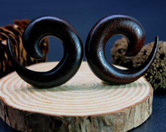 Black Wood Long Spiral Tapers Ear Stretching. Custom Wood Ear Spirals for Hanging. Handmade Wood Spiral Earrings. Wood Ear Spiral Gift Idea